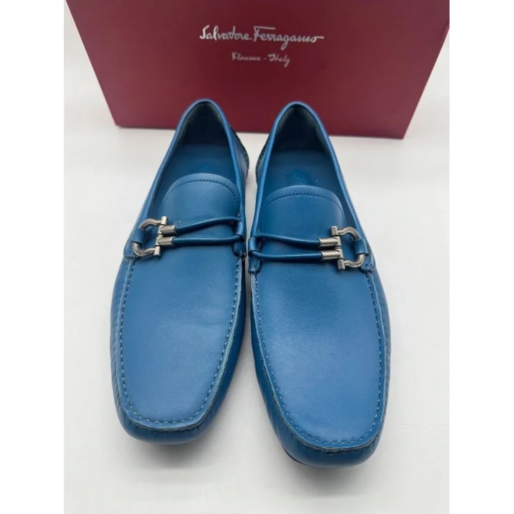 Salvatore Ferragamo Paris Blue Leather Gancini Driving Loafers Mens 8.5 D Italy